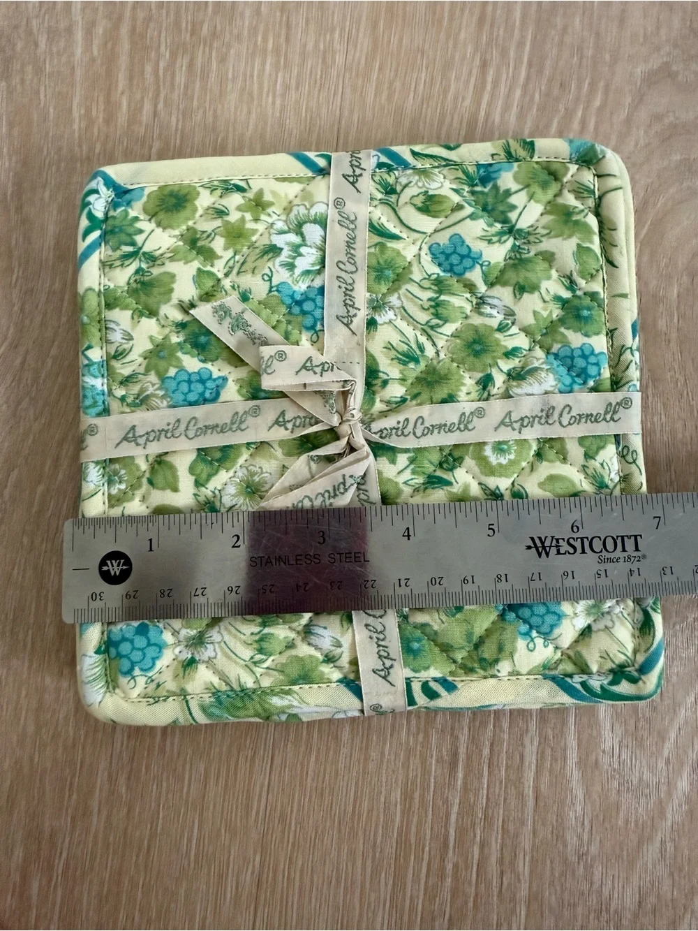 April Cornell yellow blue green floral quilted pot holders set of 3